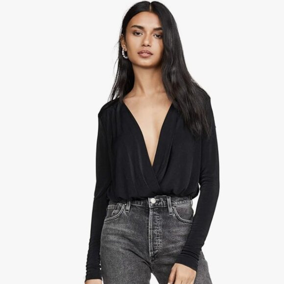 Free People Intimately Free Turnt Surplice V Neck Thong Bodysuit Black Size M - Picture 1 of 16